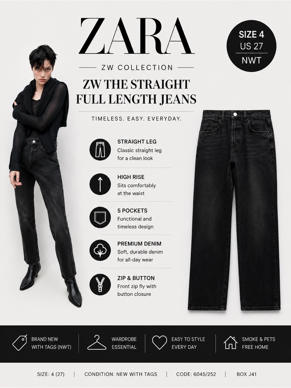 ZARA ZW The Straight Full Length Jeans Black High Rise Straight Leg NWT